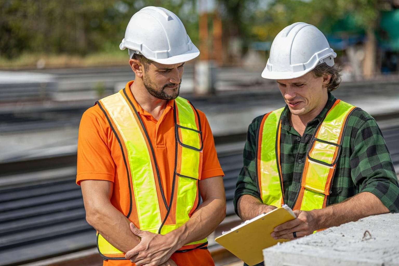 JNW Construction superintendents reviewing plans on an active construction site