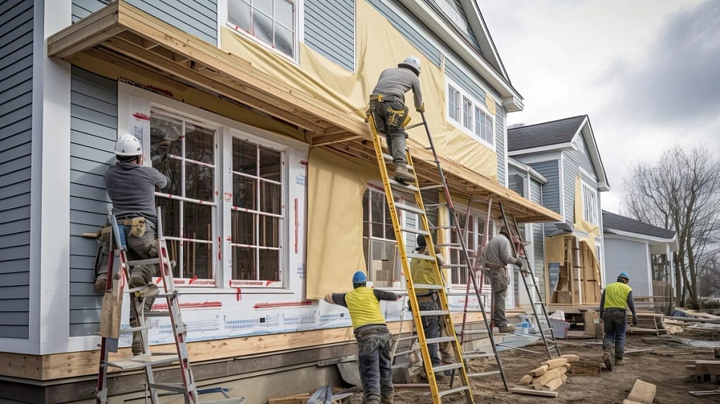 Residential siding installation in progress on a multi-story home